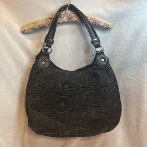 THIRTY-ONE Handbag Quilted Poppy Floral Black Purse Large‎ Bag 3-Compartment